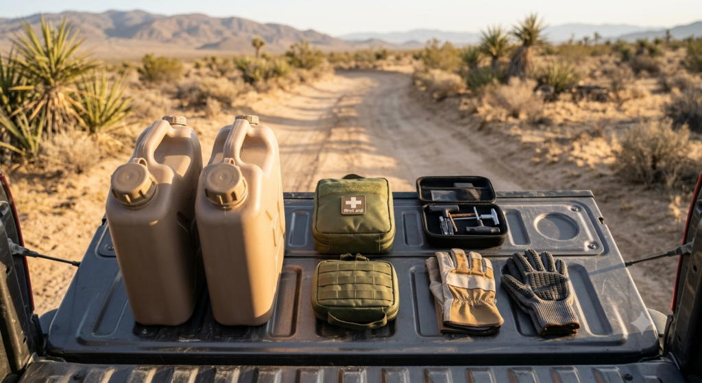 Off-road emergency gear packed for Texas off-roading summer heat trail days