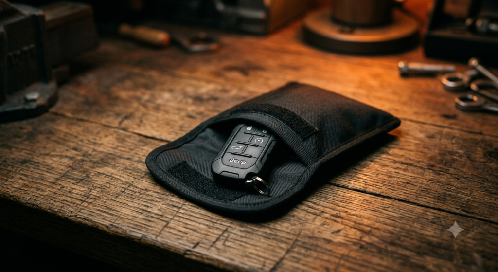 Jeep JL key fob in a Faraday pouch to block relay attack signal