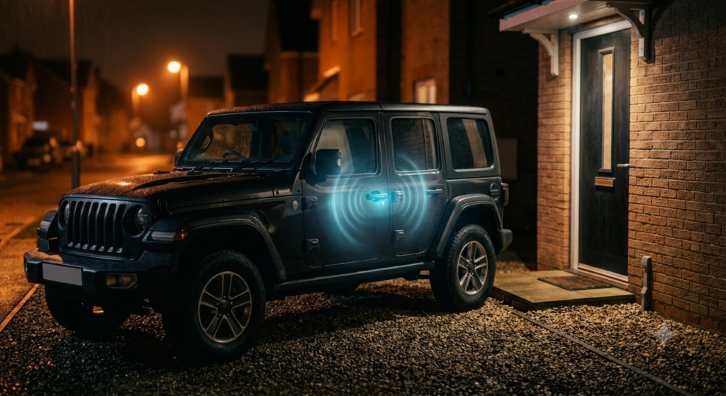 Illustration of a keyless entry relay attack signal near a parked Jeep Wrangler JL