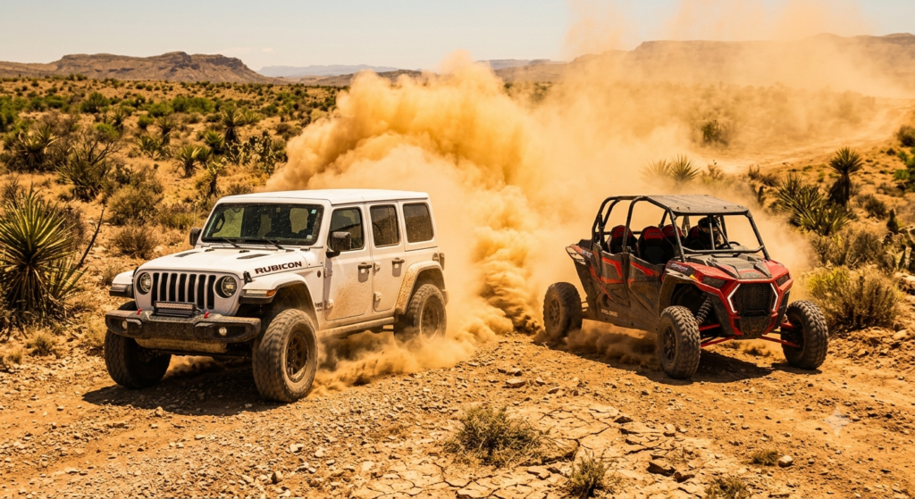 Texas off-roading summer heat — Jeep Wrangler and RZR on a dusty trail